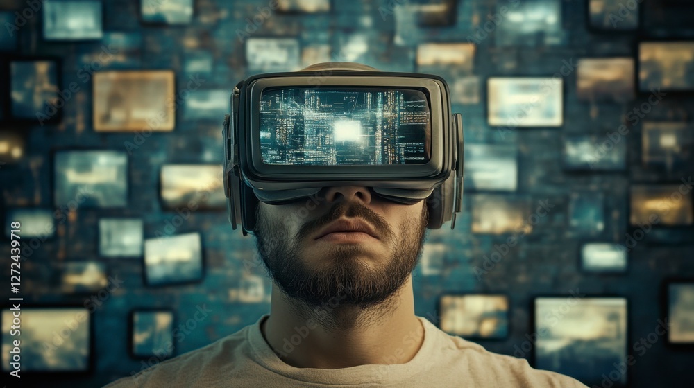 Immersive VR Experience: Man Exploring Virtual Reality Immersive VR Experience: Man Exploring Virtual Reality