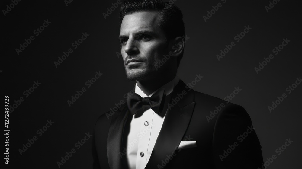 Obraz premium Elegant Man in Tuxedo: Black and White Portrait