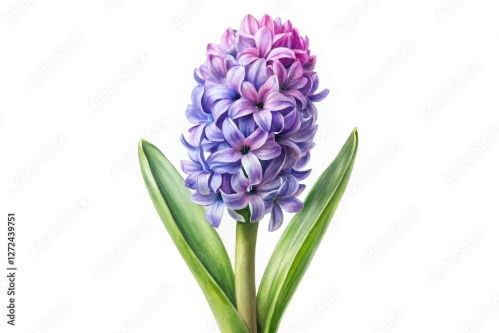 Fototapeta premium A single purple hyacinth, painted in watercolor, stands alone against a pure white background.