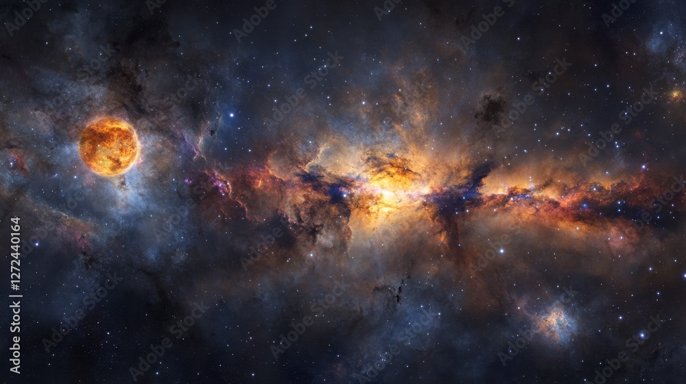 Fototapeta premium Nebula Panorama: Cosmic Clouds and Distant Sun