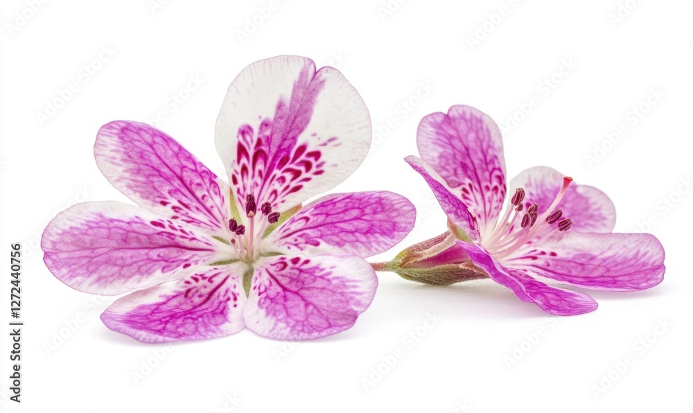 Obraz premium Two vibrant pink flowers with intricate patterns against a white background, ideal for nature themes