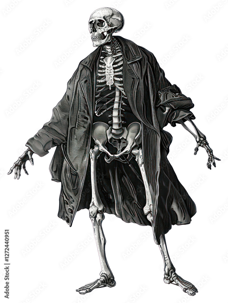 Fototapeta premium PNG Skeleton wearing oversized trench coat
