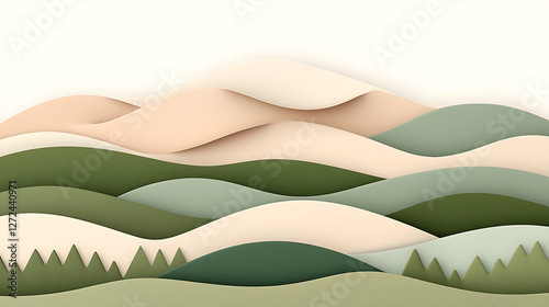 Wallpaper Mural Serene Layered Landscape with Rolling Hills and Gentle Ridges in Artistic Paper Cut Style Design. Torontodigital.ca