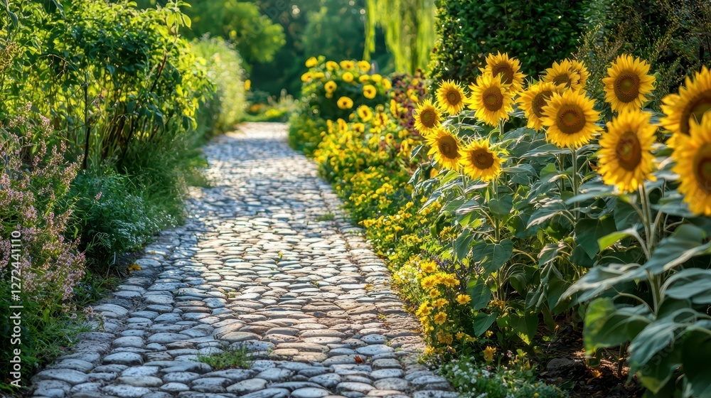 Serene Paved Garden Pathway Surrounded by Vibrant Sunflowers Serene Paved Garden Pathway Surrounded by Vibrant Sunflowers