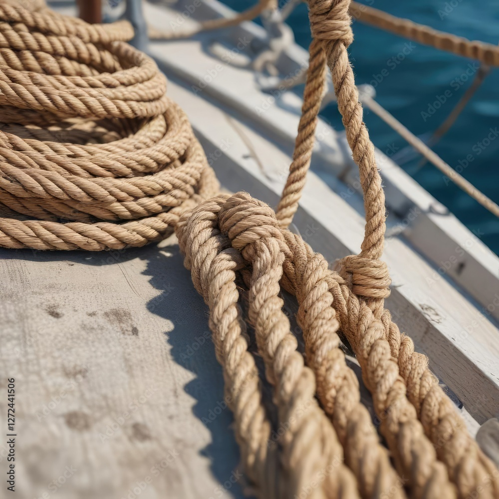 Fototapeta premium Detailed view of rope and wire on sailing boat with cow hitch, nautical, cow hitch, rope tied