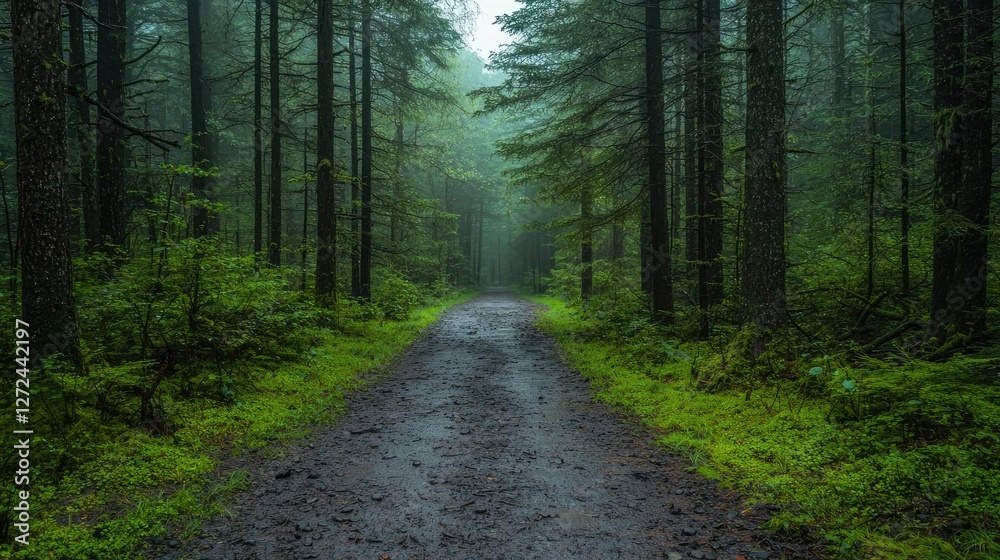 Fototapeta premium Misty forest path, tranquil nature scene, perfect for background