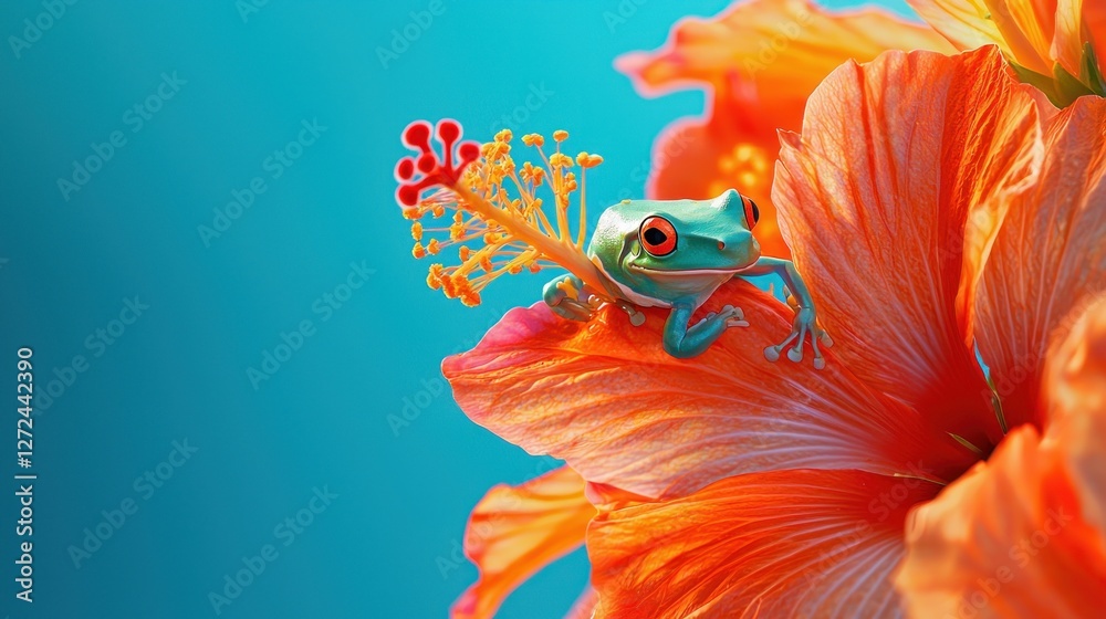 Fototapeta premium Red-eyed tree frog perched on vibrant orange hibiscus flower against a teal background.