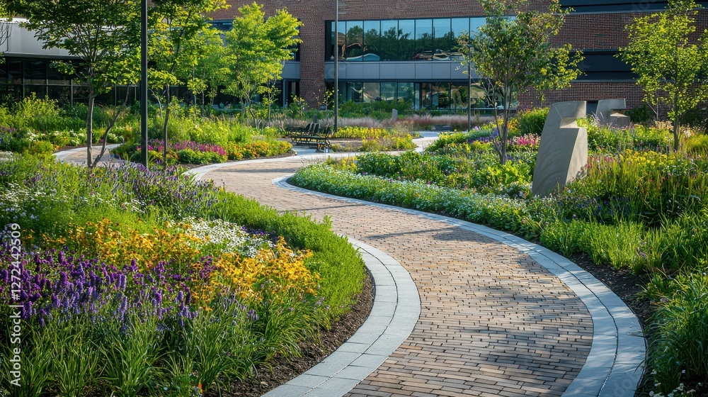 Obraz premium Beautifully Designed Hospital Garden with Winding Pathways and Flowers