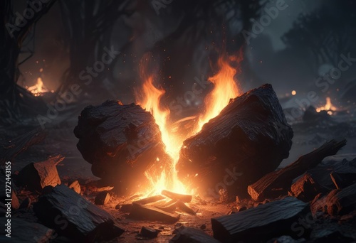 eerie smoldering embers lingering in the darkness, lingering heat, faint burning glow