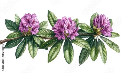 Vibrant illustration of blooming rhododendron flowers on a leafy branch against a white background