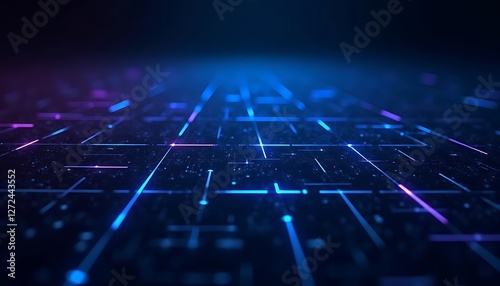 Wallpaper Mural Abstract Digital Network:  Futuristic Cyberspace, glowing lines and nodes, vibrant blue and purple hues, high-tech digital landscape. Torontodigital.ca