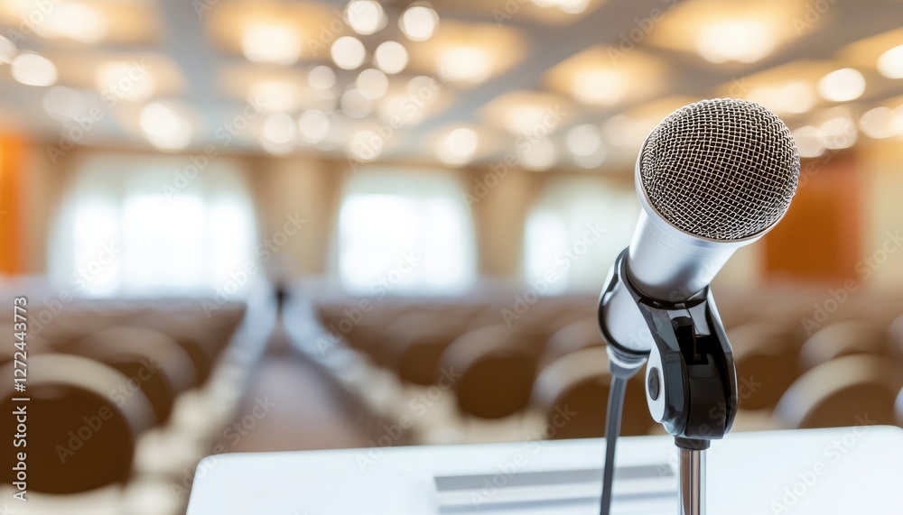 A microphone stands ready at a conference hall, focused in the foreground, with an audience blurred in the background, indicating a setting for a speech or presentation. A microphone stands ready at a conference hall, focused in the foreground, with an audience blurred in the background, indicating a setting for a speech or presentation.