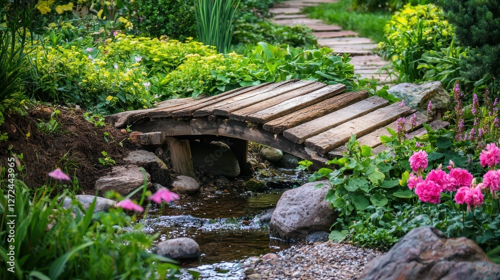 Charming Rustic Wooden Bridge Over Stream in Lush Garden Path Charming Rustic Wooden Bridge Over Stream in Lush Garden Path