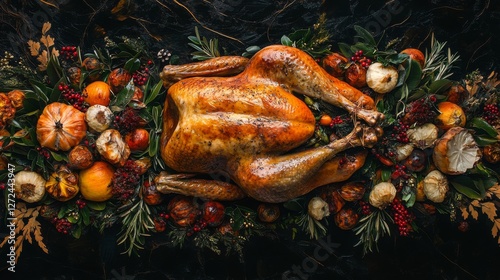 Roasted Thanksgiving Turkey Centerpiece on Dark Background photo