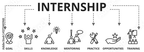 Internship concept. vector illustration banner with keywords and icons