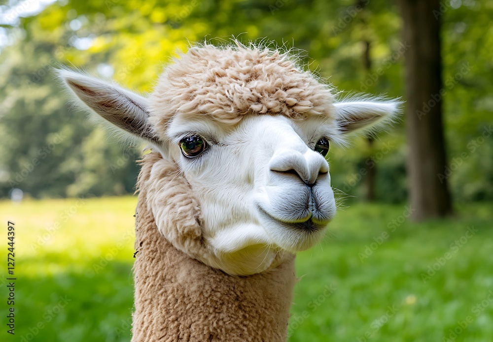 Obraz premium Adorable Close-Up of a Gentle Alpaca Smiling in Green Pasture