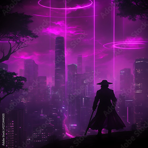 Silhouette Enigmatic Figure Standing Guard Amidst Cyberpunk Neon Cityscape with Futuristic Rings.