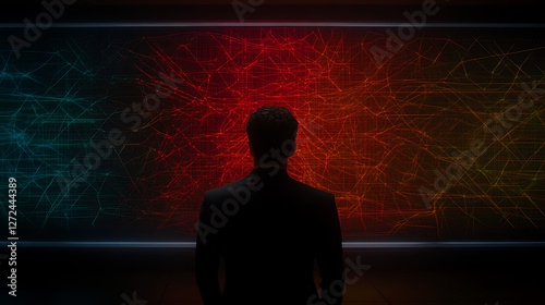 Silhouette Figure Gazing at a Multicolored Abstract Network Display in a Darkened Futuristic Space.