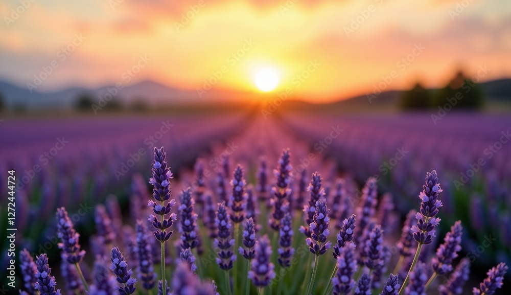 Obraz premium Lavender field at sunset with blooming flowers and vibrant purple hues