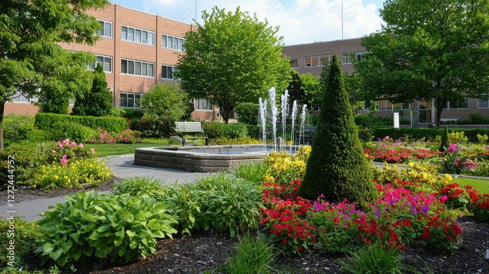 Charming Hospital Garden with Artful Topiary and Vibrant Flowers Charming Hospital Garden with Artful Topiary and Vibrant Flowers