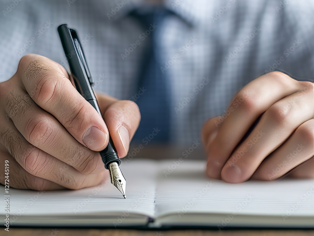 A businessman writing in a notebook during a meeting, focused on notes A businessman writing in a notebook during a meeting, focused on notes