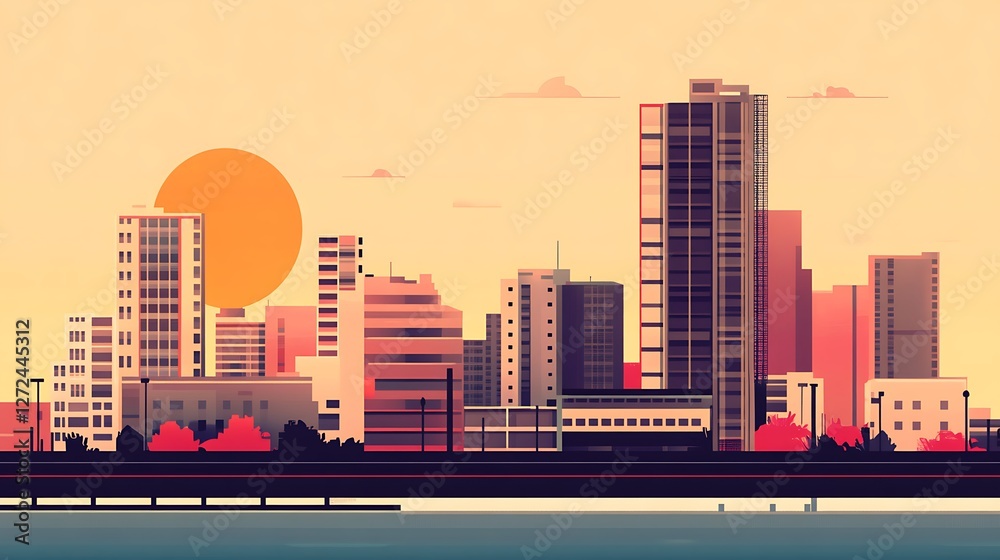 Obraz premium Sunset Cityscape Modern Buildings Skyline