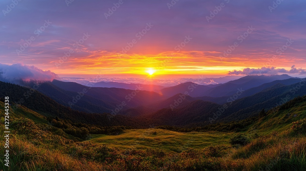 Fototapeta premium Panoramic Mountain Sunset Over Valley Meadow
