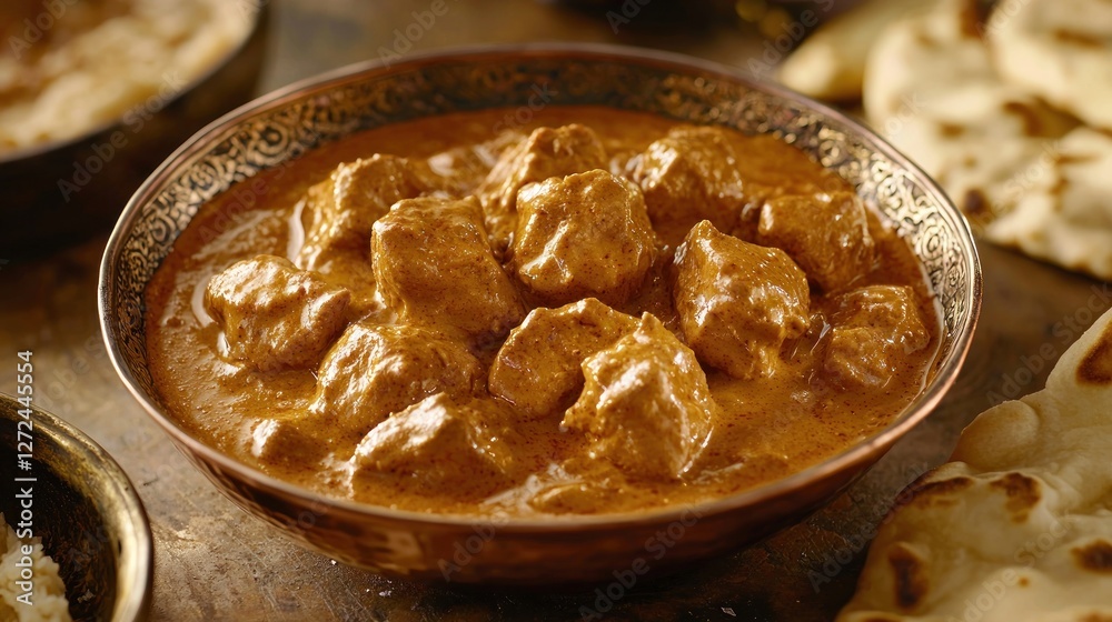 Delicious butter chicken curry in a ornate bowl with naan bread. Delicious butter chicken curry in a ornate bowl with naan bread.