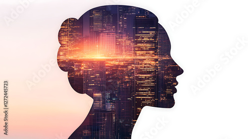 Silhouette of Woman with Cityscape Overlay Double Exposure Design Concept Illustration