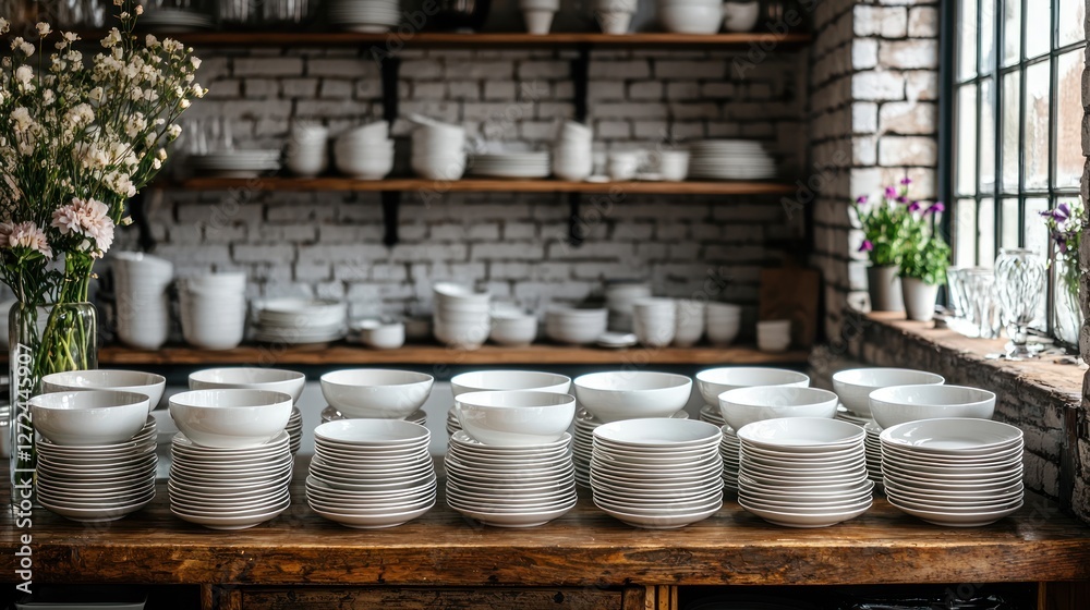 Stacks of white bowls and plates on a rustic wooden table Stacks of white bowls and plates on a rustic wooden table