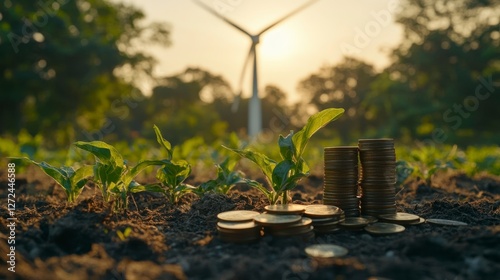 Coin Stacks on Soil with Green Plants and Wind Turbine Background