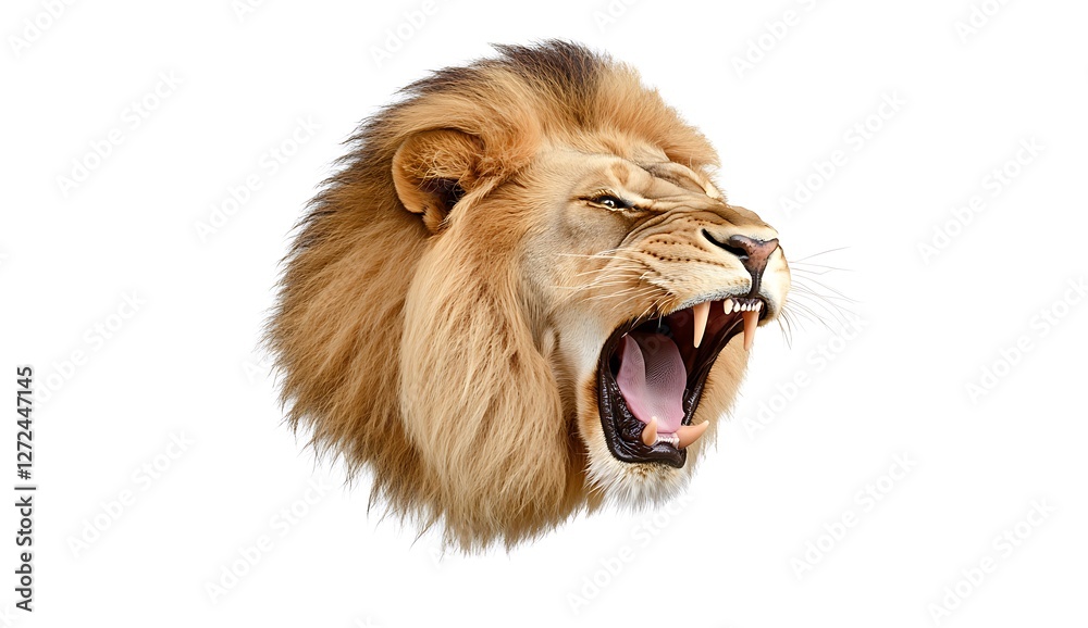 Fototapeta premium Majestic Lion Head Roaring with Powerful Expression in White Background