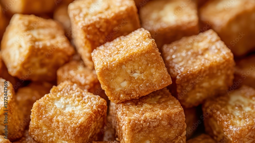 Close-Up of Crunchy Fried Tofu Cubes with Golden Coating Close-Up of Crunchy Fried Tofu Cubes with Golden Coating
