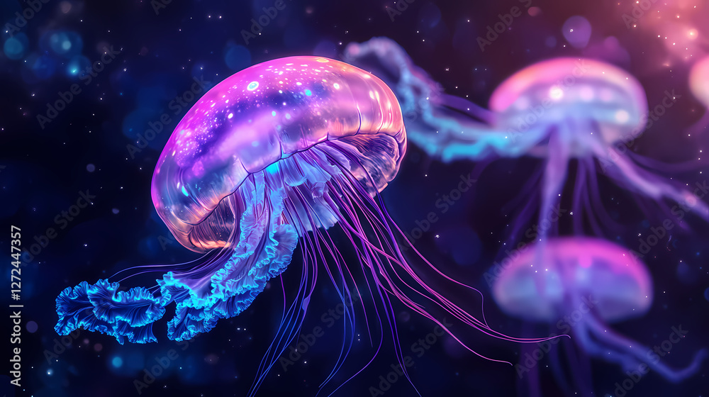 Obraz premium Png aesthetic neon solar system astronomy universe purple. Iridescent Jellyfish Skies. Illustration
