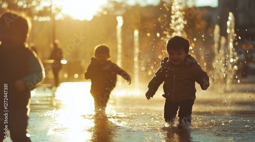 Children playing in splashing city fountain at sunset. Possible use stock photo for family, kids, fun, outdoors photo