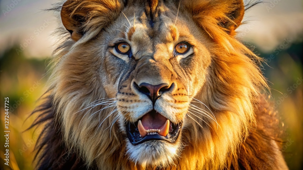 Obraz premium Majestic Lion Roaring, Close-Up Wildlife Photography, African Savannah, Big Cat Portrait