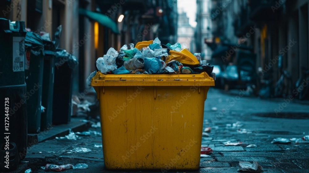 Yellow Trash Bin Overflowing with Litter in Urban Alleyway Scene Yellow Trash Bin Overflowing with Litter in Urban Alleyway Scene