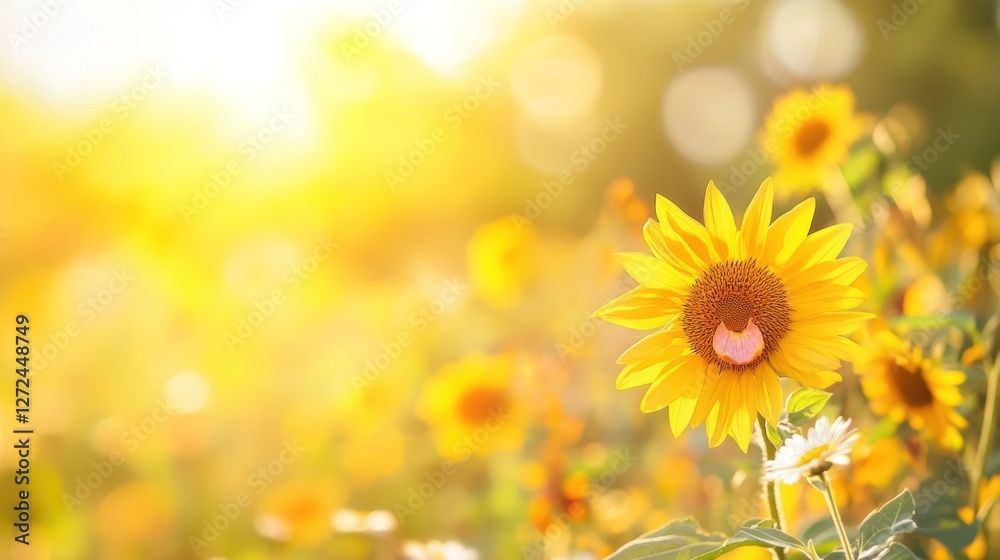 Sunlit field of sunflowers at sunset, with a single sunflower in focus. Sunlit field of sunflowers at sunset, with a single sunflower in focus.