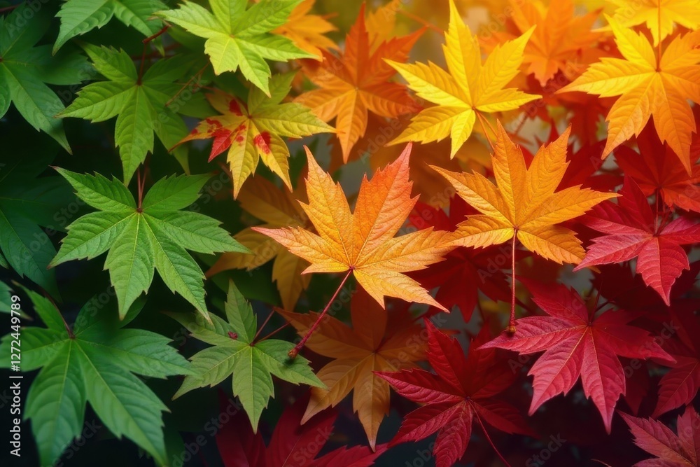 Autumn maple leaves transitioning from green to fiery red and orange , plant, detail, season Autumn maple leaves transitioning from green to fiery red and orange , plant, detail, season