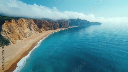 Aerial view Coastal cliffs, beach, ocean, mist, travel