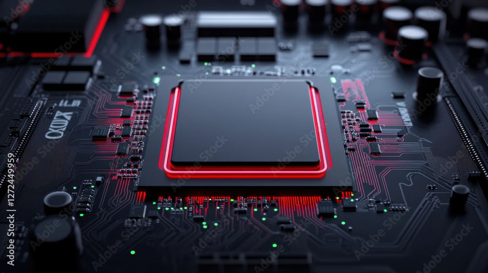 Fototapeta premium glowing motherboard with neon circuitry and central processor, showcasing intricate details and vibrant colors