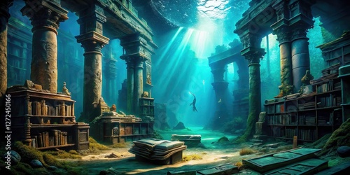 Dark teal silhouettes haunt a submerged library, ancient artifacts echoing in underwater photography.