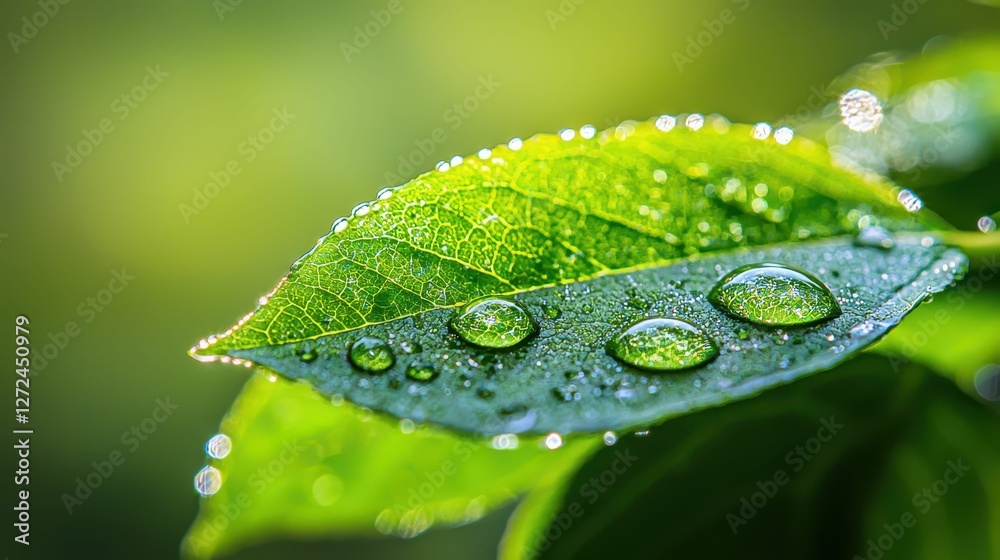 Dew Drops on Fresh Green Leaf in Macro Photography Detail Dew Drops on Fresh Green Leaf in Macro Photography Detail