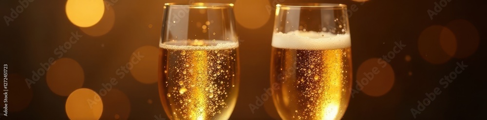 Golden champagne flutes clinking, bubbles rising , party, luxury
