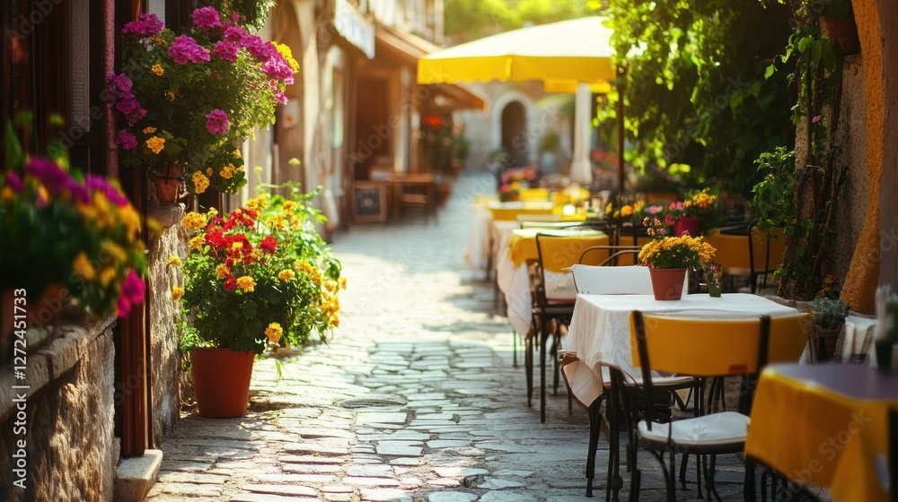 Charming European Street Cafe in Summer Sunlight Charming European Street Cafe in Summer Sunlight