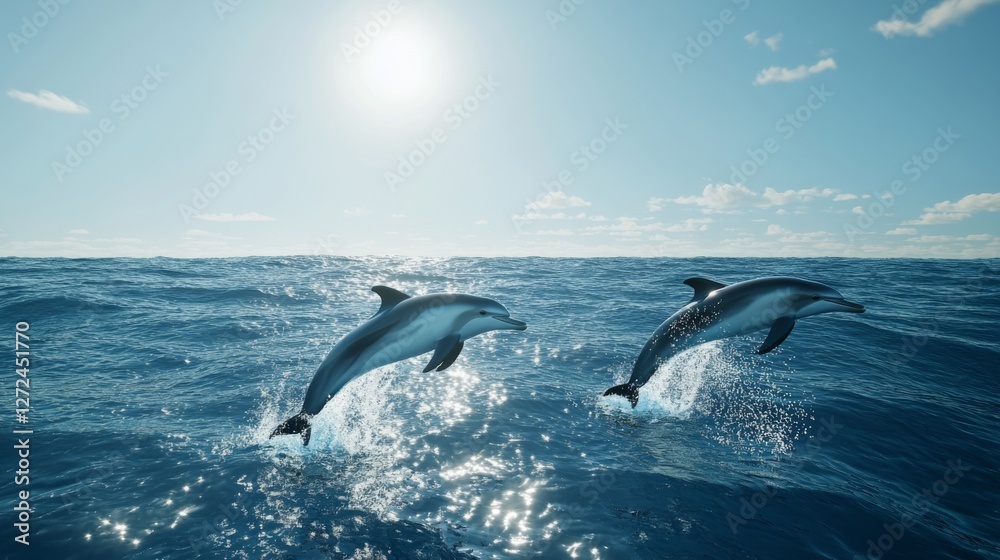 Fototapeta premium Dolphins jumping in the ocean. Bright sunny day. Possible use stock photo