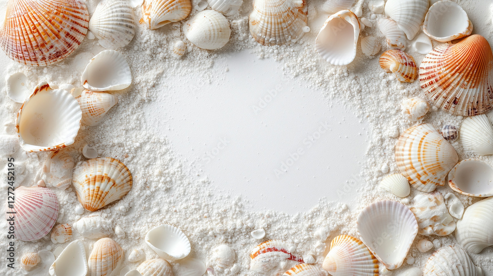 Obraz premium Delicate Pastel Seashells Scattered Gracefully on a Serene Beach Creating a Tranquil Coastal Vibe Inspiration