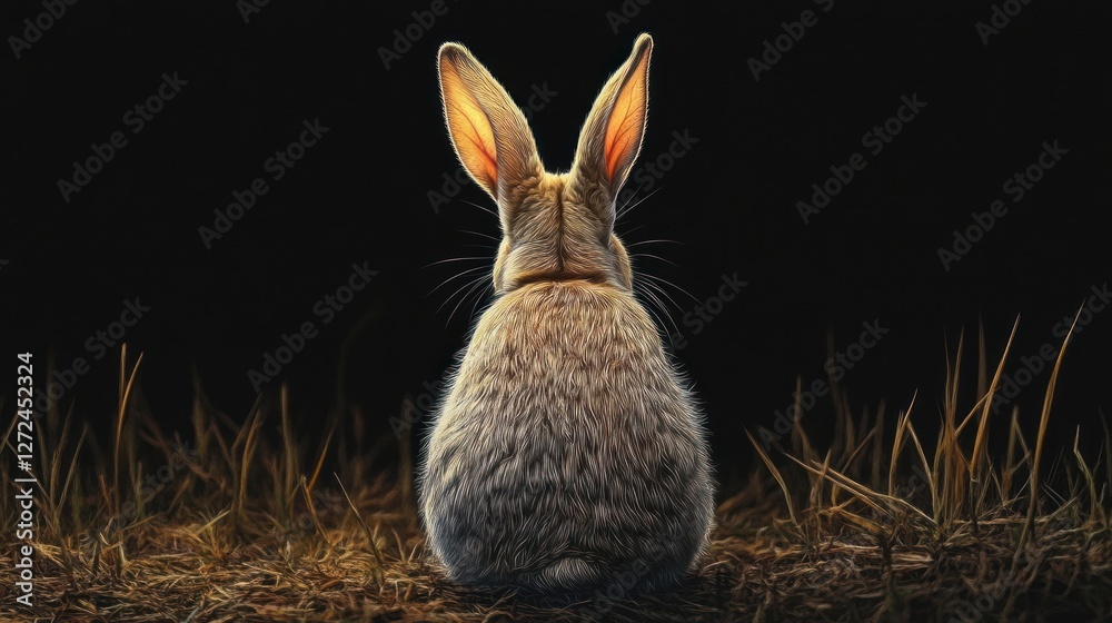 Obraz premium Rear view of a grey rabbit sitting in grass against a black background.