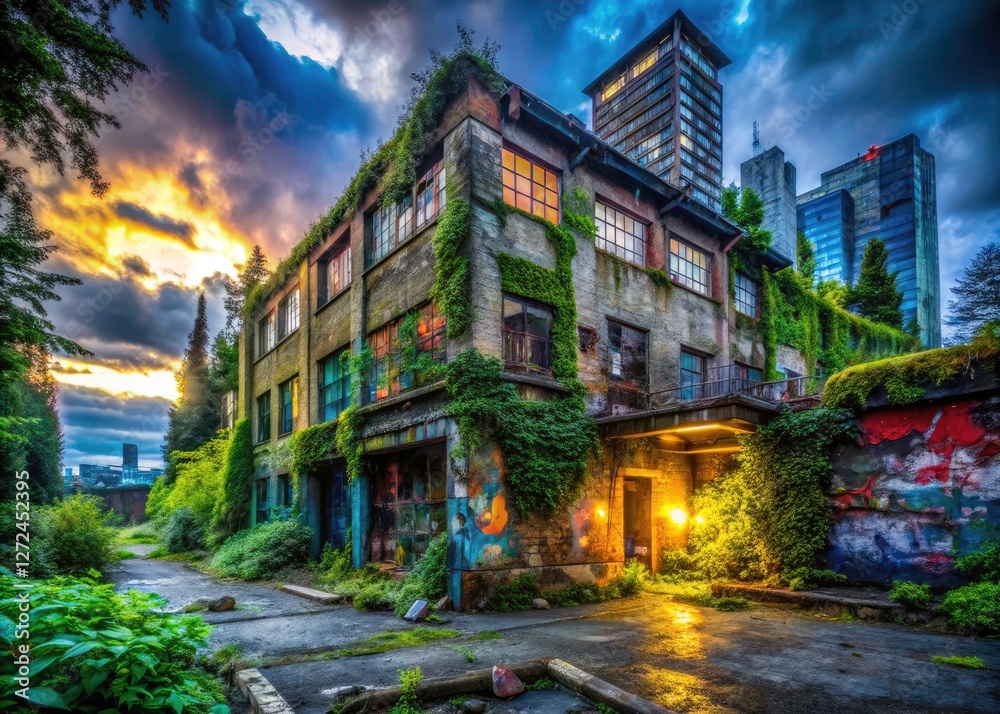 Fototapeta premium Discover Vancouver's urban secrets: derelict buildings, stunning cityscapes, bold graffiti art, and unexpected beauty.