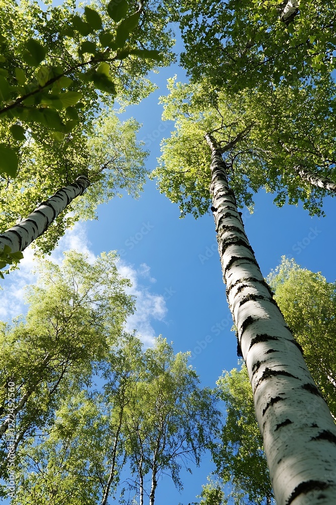 Fototapeta premium Majestic View of Towering Birch Trees and Lush Green Foliage Under a Clear Blue Sky : Generative AI